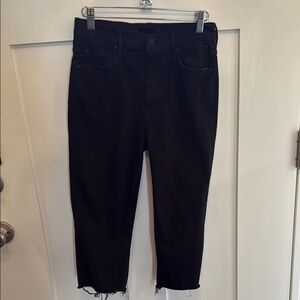 MOTHER Black Cropped Knicker Fray Jeans with Raw Hem